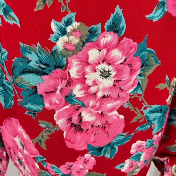 Vintage 90s Floral Blouse Women's Medium Red Pink Print Rayon Necktie Top - Picture 5 of 11
